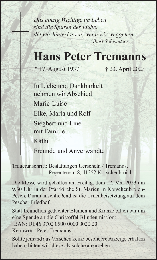 Traueranzeige von Hans Peter Tremanns von trauer.extra-tipp-moenchengladbach.de