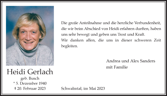 Traueranzeige von Heidi Gerlach von trauer.extra-tipp-moenchengladbach.de