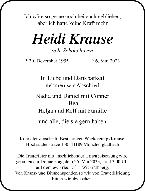 Traueranzeige von Heidi Krause von trauer.extra-tipp-moenchengladbach.de