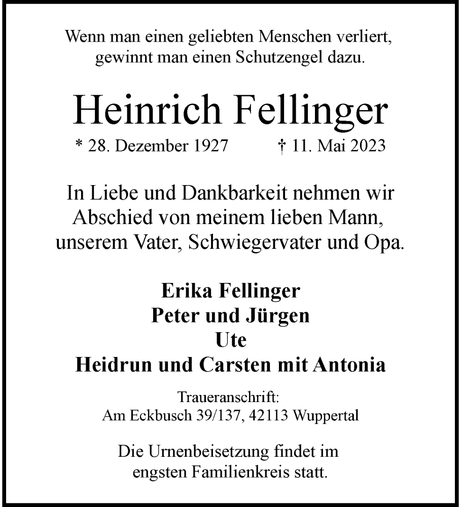  Traueranzeige für Heinrich Fellinger vom 20.05.2023 aus trauer.wuppertaler-rundschau.de