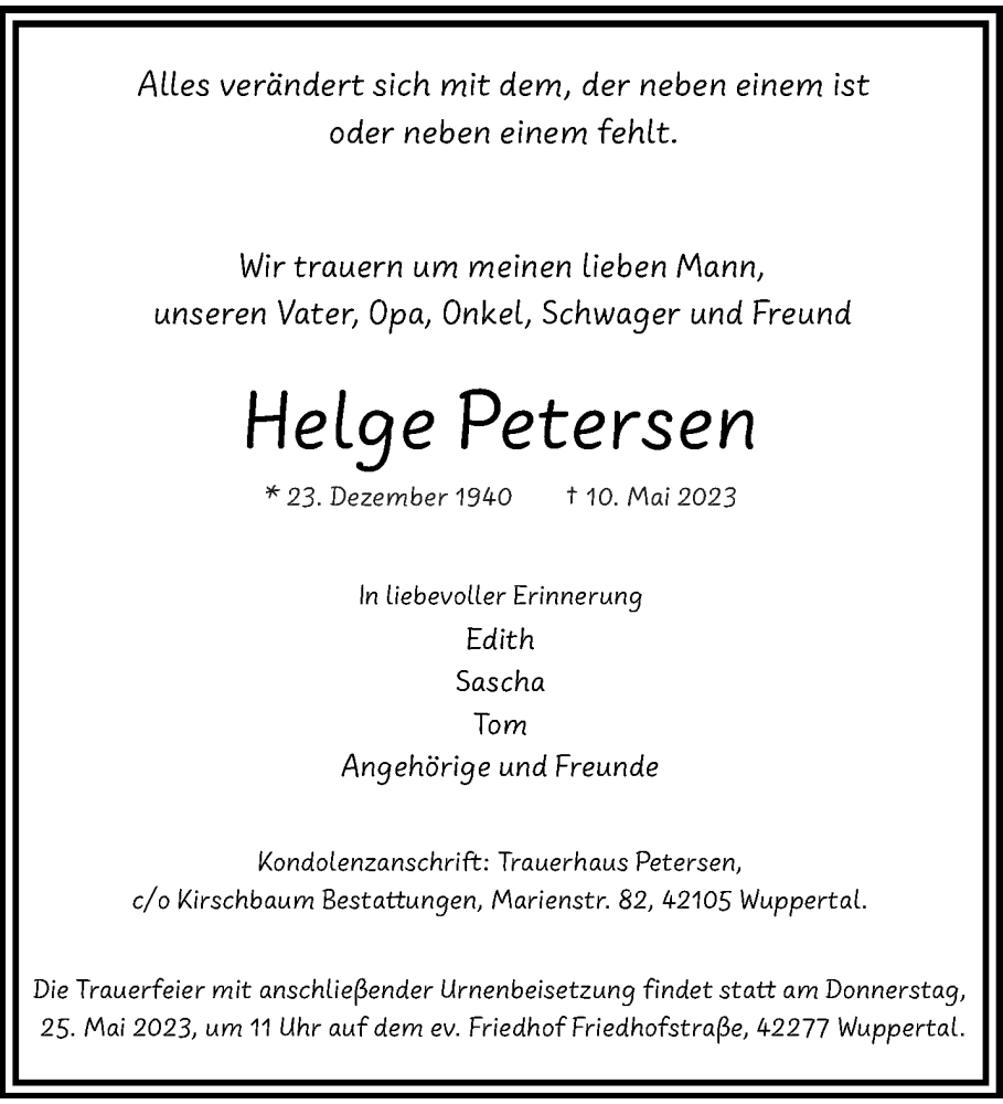  Traueranzeige für Helge Petersen vom 20.05.2023 aus trauer.wuppertaler-rundschau.de