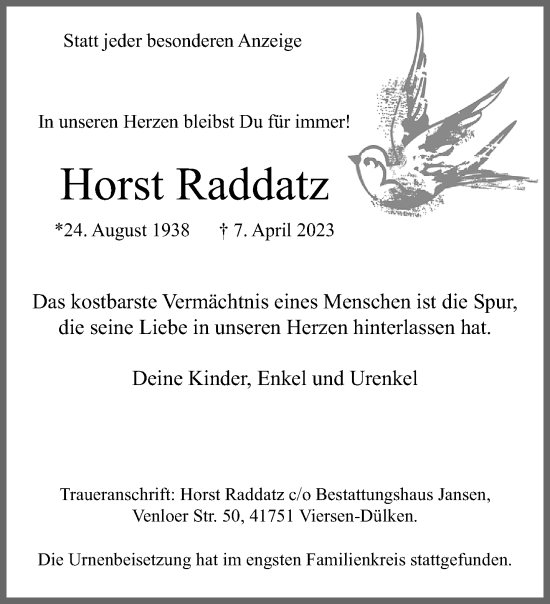 Traueranzeige von Horst Raddatz von trauer.extra-tipp-moenchengladbach.de