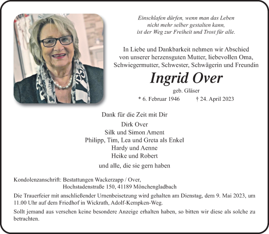 Traueranzeige von Ingrid Over von trauer.extra-tipp-moenchengladbach.de