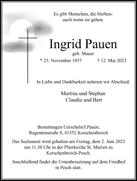 Traueranzeige von Ingrid Pauen von trauer.extra-tipp-moenchengladbach.de