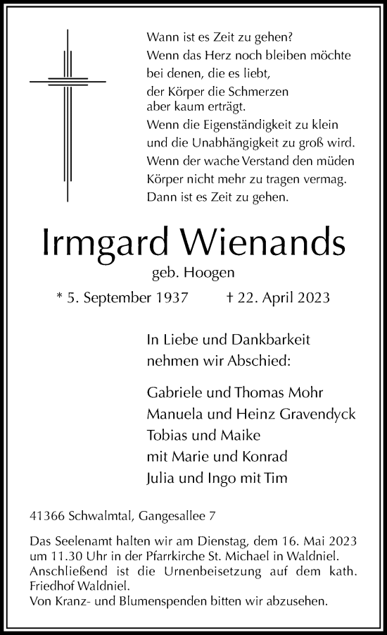 Traueranzeige von Irmgard Wienands von trauer.extra-tipp-moenchengladbach.de