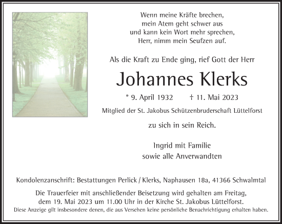 Traueranzeige von Johannes Klerks von trauer.extra-tipp-moenchengladbach.de