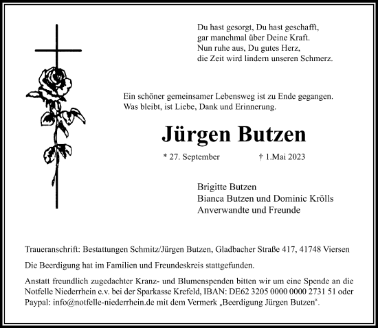 Traueranzeige von Jürgen Butzen von trauer.extra-tipp-moenchengladbach.de