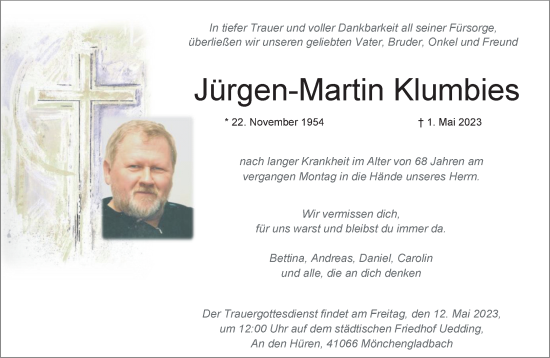 Traueranzeige von Jürgen-Martin Klumbies von trauer.extra-tipp-moenchengladbach.de