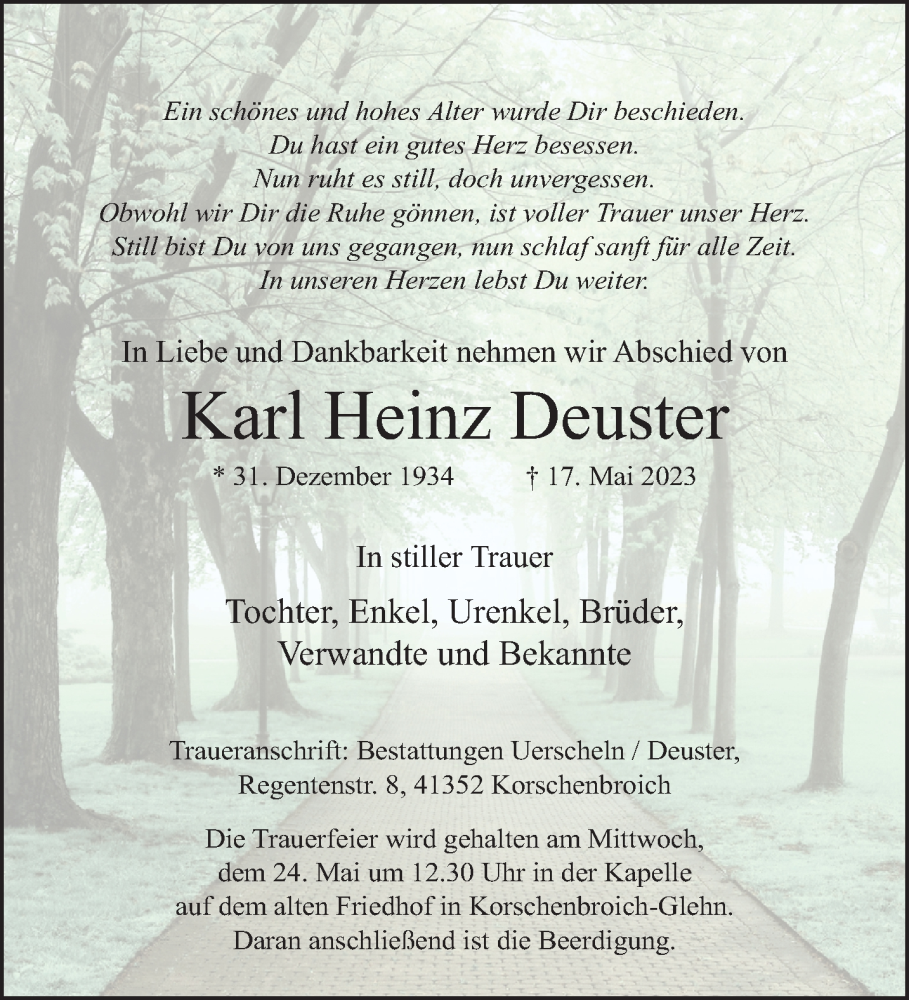  Traueranzeige für Karl Heinz Deuster vom 21.05.2023 aus trauer.extra-tipp-moenchengladbach.de