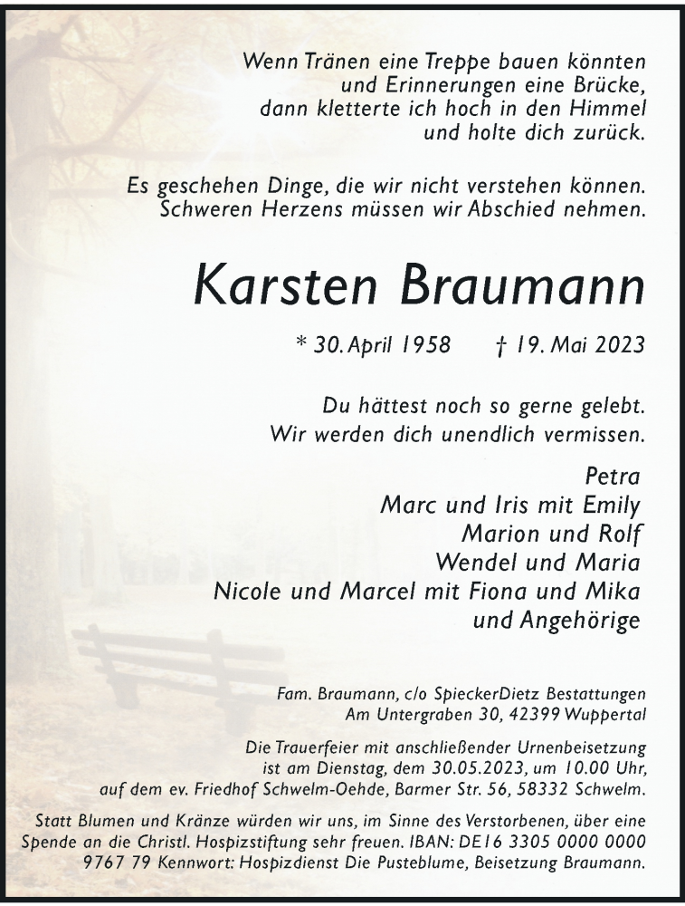  Traueranzeige für Karsten Braumann vom 27.05.2023 aus trauer.wuppertaler-rundschau.de