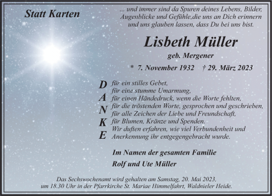 Traueranzeige von Lisbeth Müller von trauer.extra-tipp-moenchengladbach.de