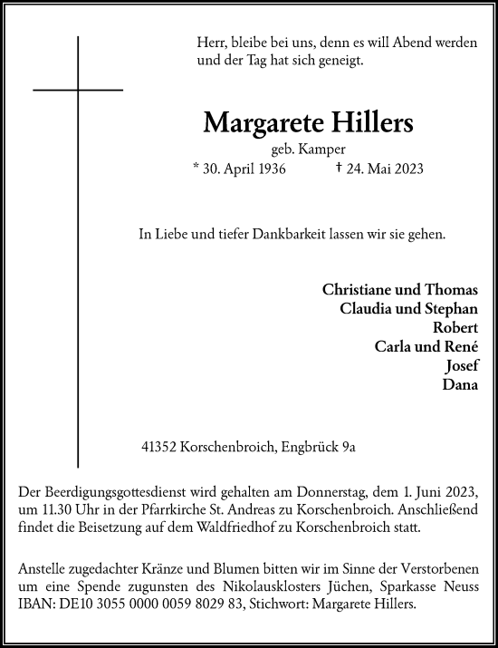 Traueranzeige von Margarete Hillers von trauer.extra-tipp-moenchengladbach.de