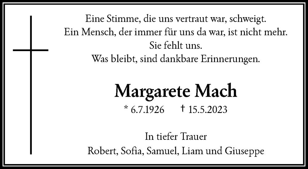  Traueranzeige für Margarete Mach vom 20.05.2023 aus trauer.wuppertaler-rundschau.de