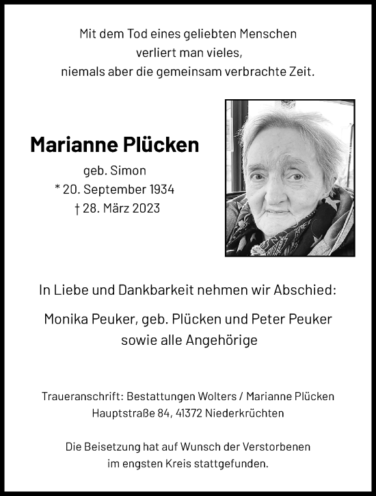 Traueranzeige von Marianne Plücken von trauer.extra-tipp-moenchengladbach.de