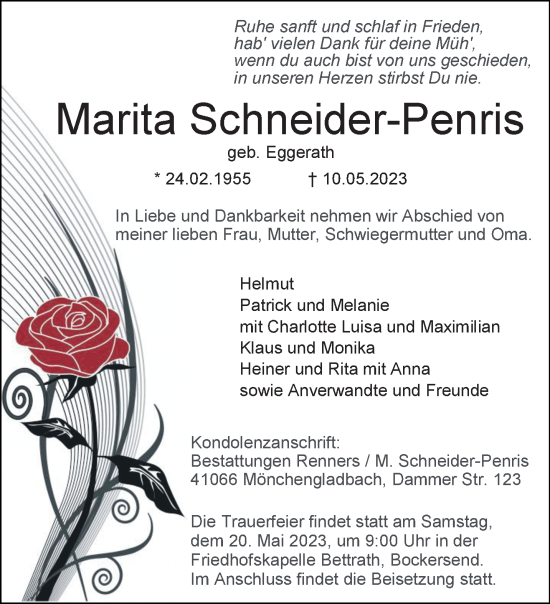 Traueranzeige von Marita Schneider-Penris von trauer.extra-tipp-moenchengladbach.de