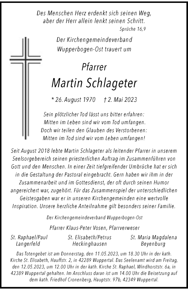  Traueranzeige für Martin Schlageter vom 06.05.2023 aus trauer.wuppertaler-rundschau.de