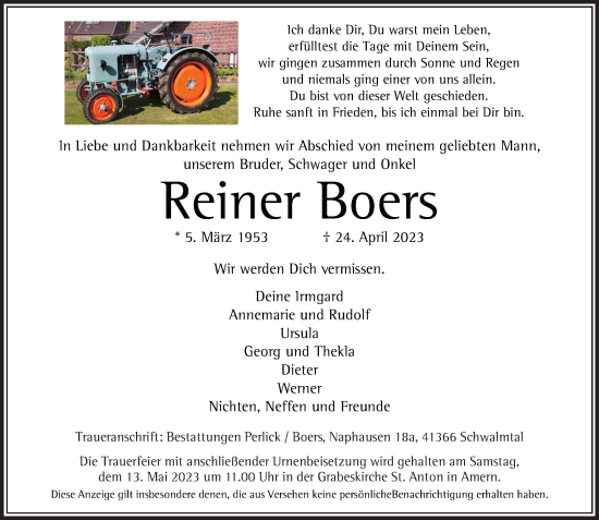 Traueranzeige von Reiner Boers von trauer.extra-tipp-moenchengladbach.de