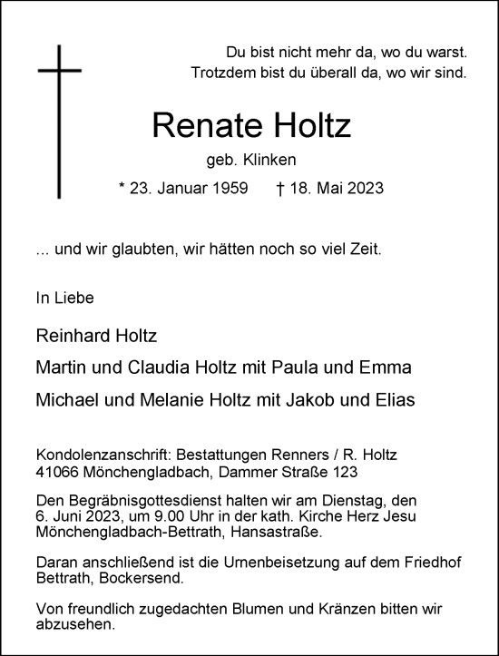 Traueranzeige von Renate Holtz von trauer.extra-tipp-moenchengladbach.de