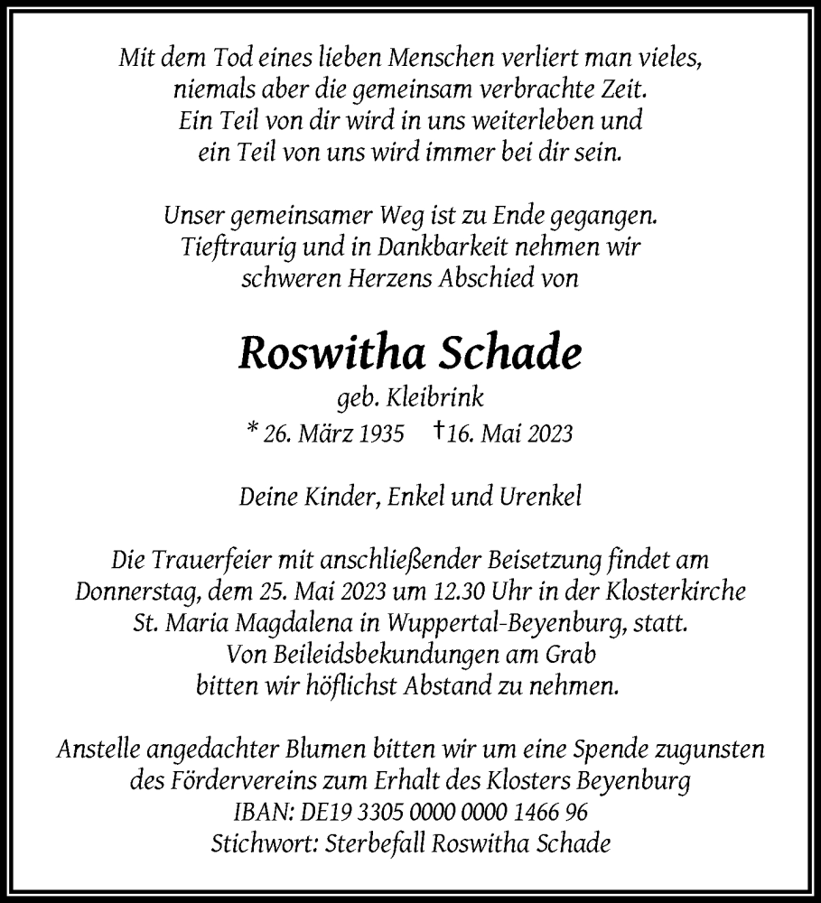  Traueranzeige für Roswitha Schade vom 20.05.2023 aus trauer.wuppertaler-rundschau.de