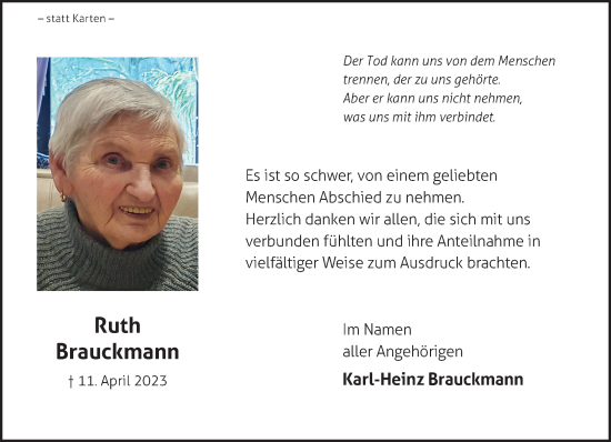 Traueranzeige von Ruth Brauckmann von trauer.extra-tipp-moenchengladbach.de