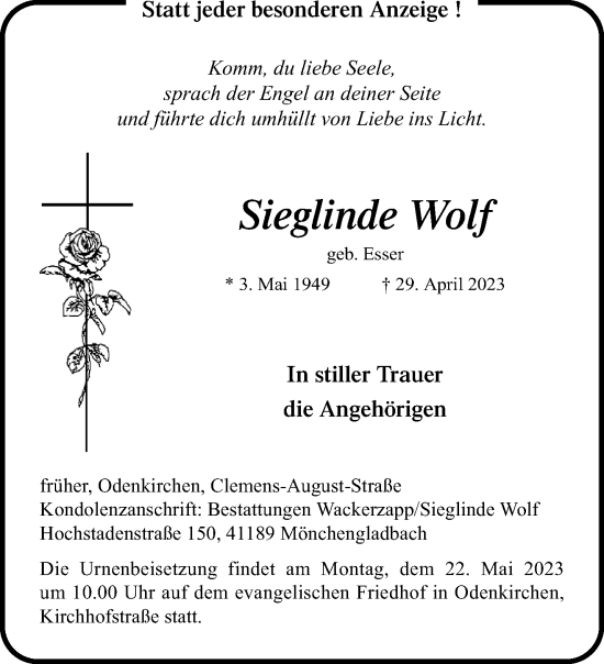 Traueranzeige von Sieglinde Wolf von trauer.extra-tipp-moenchengladbach.de