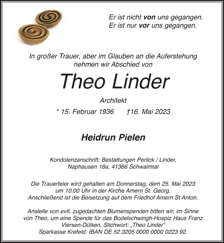  Traueranzeige für Theo Linder vom 21.05.2023 aus trauer.extra-tipp-moenchengladbach.de