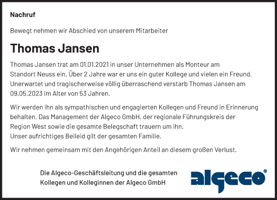 Traueranzeige von Thomas Jansen von trauer.extra-tipp-moenchengladbach.de