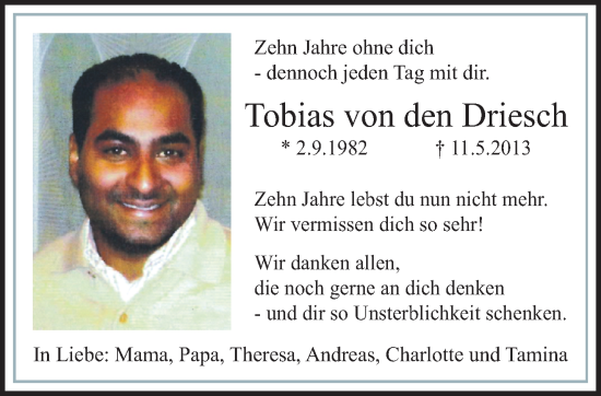 Traueranzeige von Tobias von den Driesch von trauer.extra-tipp-moenchengladbach.de