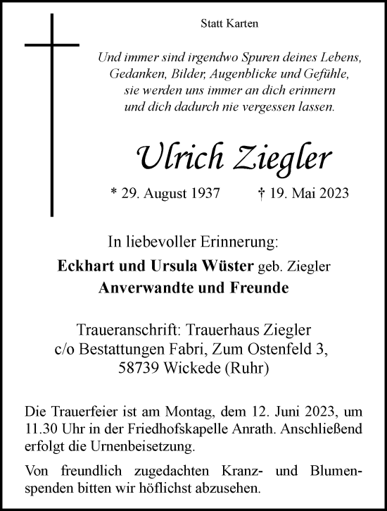 Traueranzeige von Ulrich Ziegler von trauer.extra-tipp-moenchengladbach.de