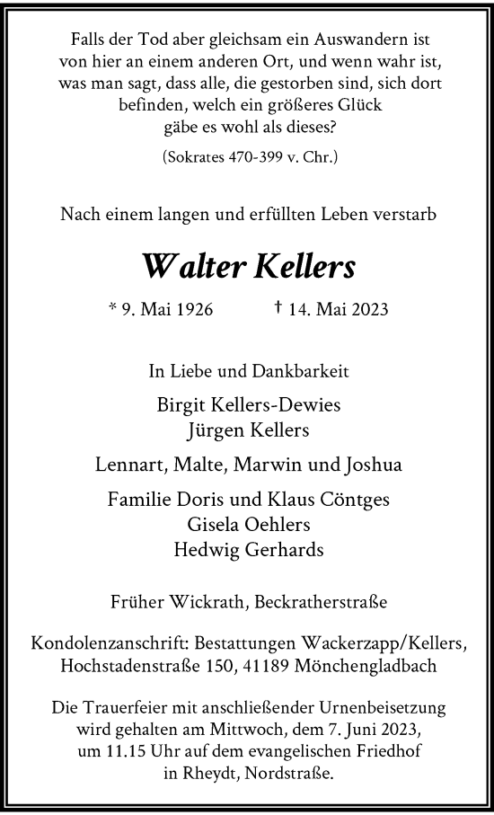 Traueranzeige von Walter Kellers von trauer.extra-tipp-moenchengladbach.de