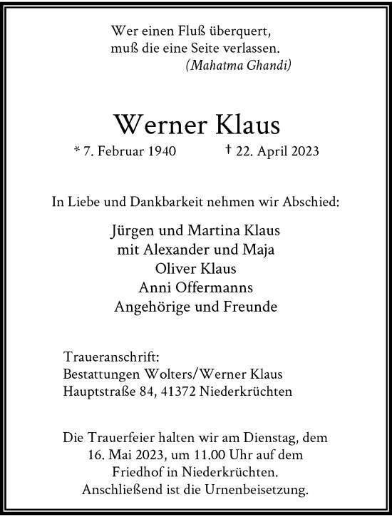 Traueranzeige von Werner Klaus von trauer.extra-tipp-moenchengladbach.de