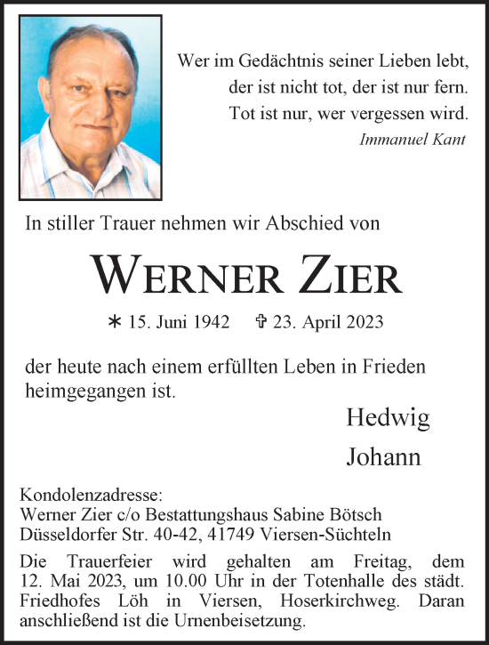 Traueranzeige von Werner Zier von trauer.extra-tipp-moenchengladbach.de