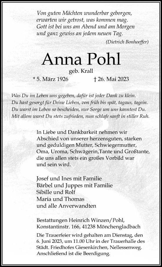 Traueranzeige von Anna Pohl von trauer.extra-tipp-moenchengladbach.de