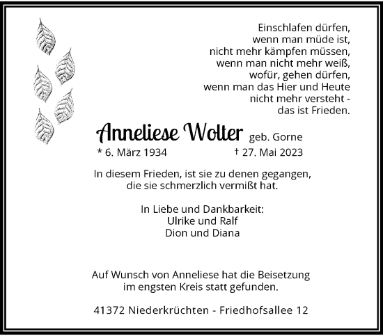 Traueranzeige von Anneliese Wolter von trauer.extra-tipp-moenchengladbach.de