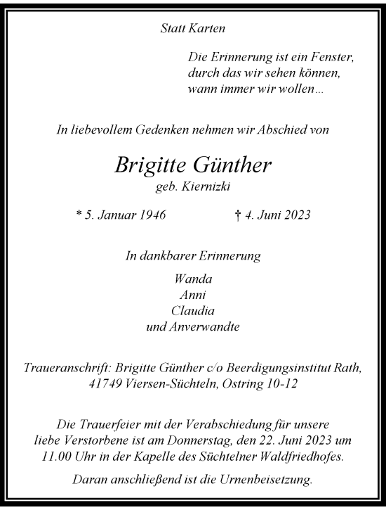 Traueranzeige von Brigitte Günther von trauer.extra-tipp-moenchengladbach.de