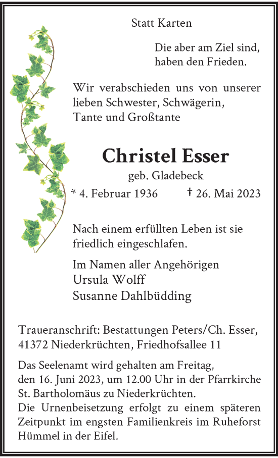 Traueranzeige von Christel Esser von trauer.extra-tipp-moenchengladbach.de