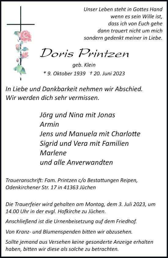 Traueranzeige von Doris Printzen von trauer.stadt-kurier.de