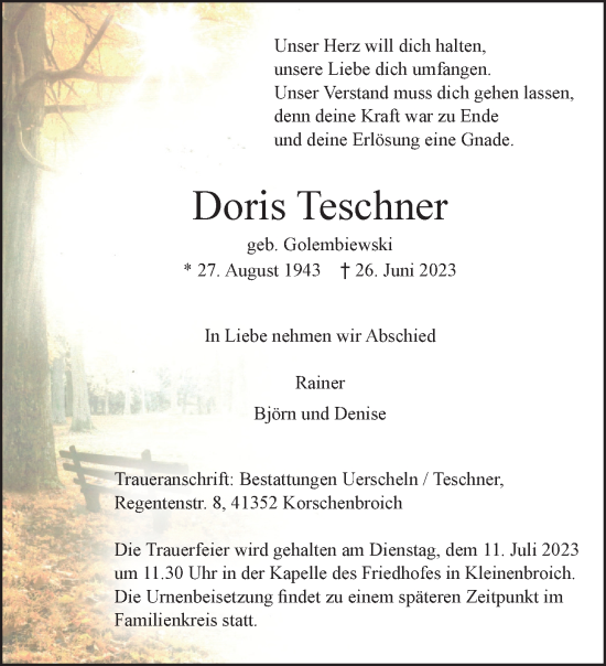 Traueranzeige von Doris Teschner von trauer.extra-tipp-moenchengladbach.de