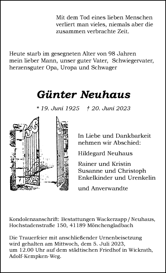 Traueranzeige von Günter Neuhaus von trauer.extra-tipp-moenchengladbach.de