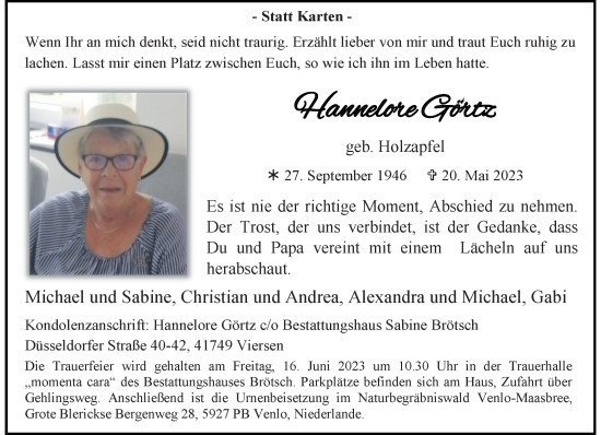 Traueranzeige von Hannelore Görtz von trauer.extra-tipp-moenchengladbach.de