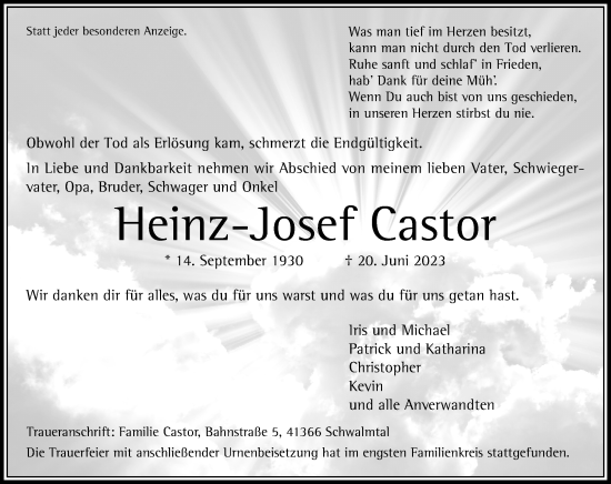 Traueranzeige von Heinz-Josef Castor von trauer.extra-tipp-moenchengladbach.de