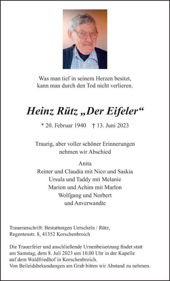 Traueranzeige von Heinz Rütz von trauer.extra-tipp-moenchengladbach.de