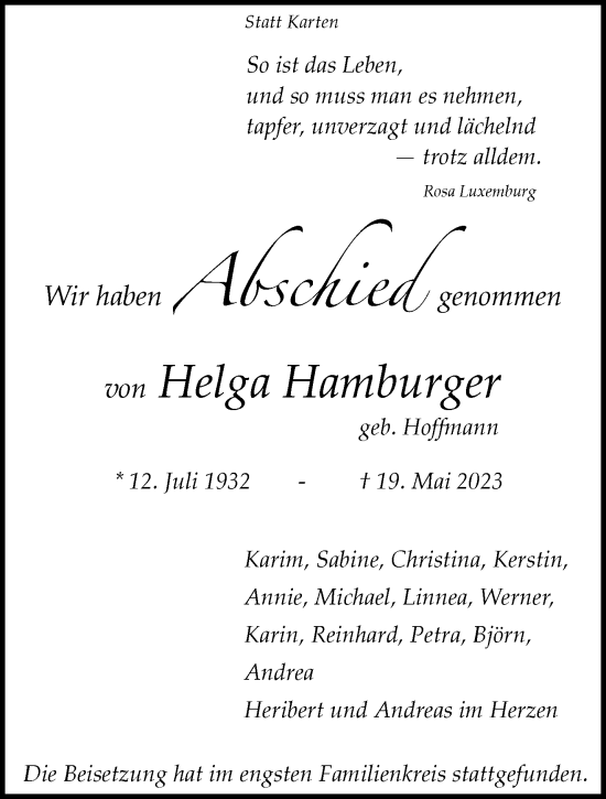 Traueranzeige von Helga Hamburger von trauer.extra-tipp-moenchengladbach.de