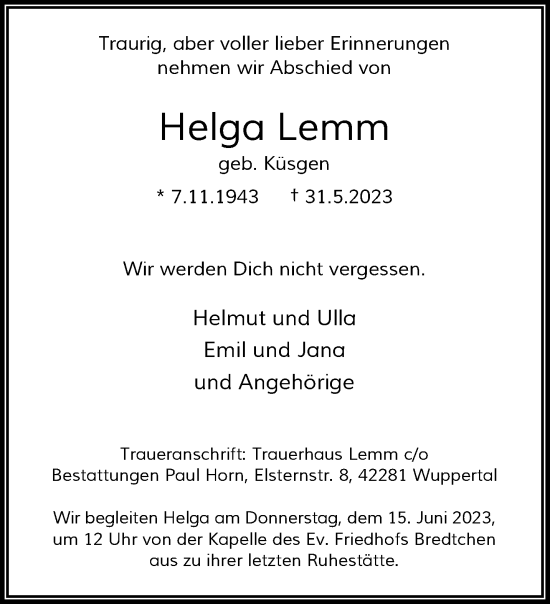 Traueranzeige von Helga Lemm von trauer.wuppertaler-rundschau.de