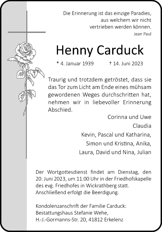 Traueranzeige von Henny Carduck von trauer.extra-tipp-moenchengladbach.de