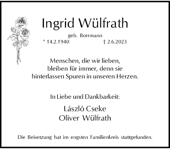 Traueranzeige von Ingrid Wülfrath von trauer.wuppertaler-rundschau.de