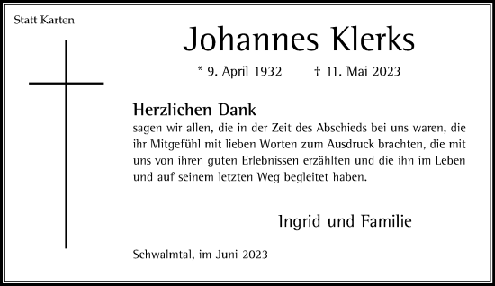 Traueranzeige von Johannes Klerks von trauer.extra-tipp-moenchengladbach.de