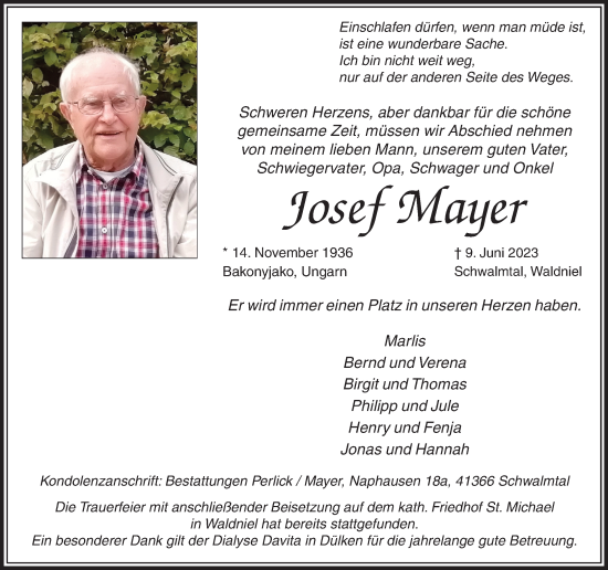 Traueranzeige von Josef Mayer von trauer.extra-tipp-moenchengladbach.de