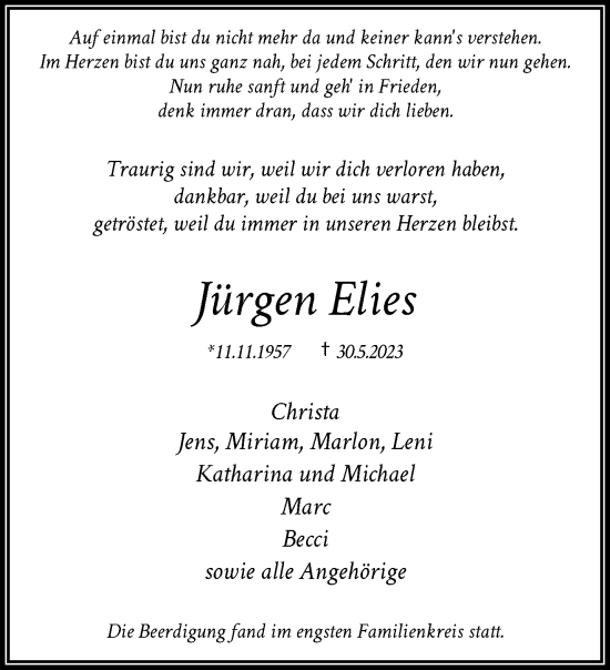 Traueranzeige von Jürgen Elies von trauer.wuppertaler-rundschau.de