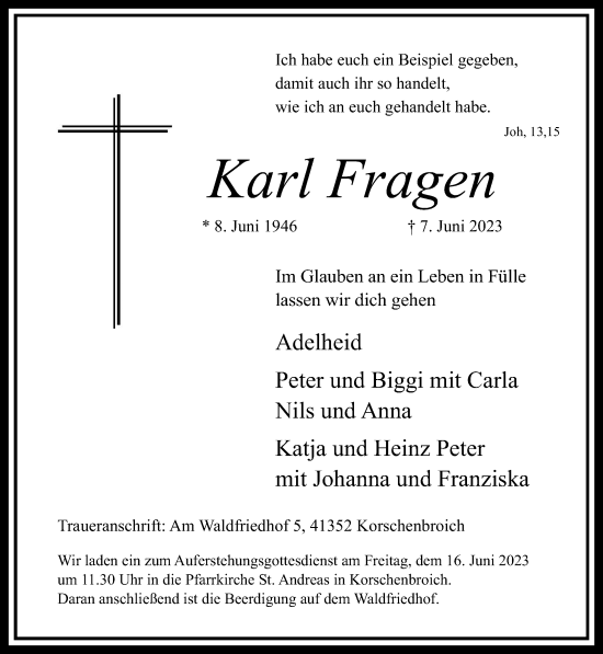 Traueranzeige von Karl Fragen von trauer.extra-tipp-moenchengladbach.de